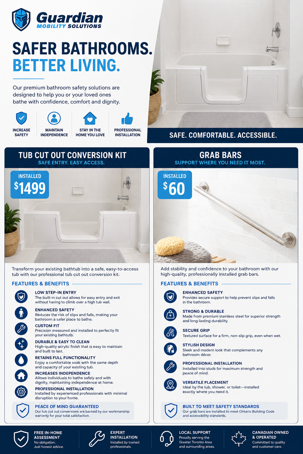 Bathroom Safety Solutions - Tub Cut Out Conversion Kit from $1,499 installed, Grab Bars from $60 installed