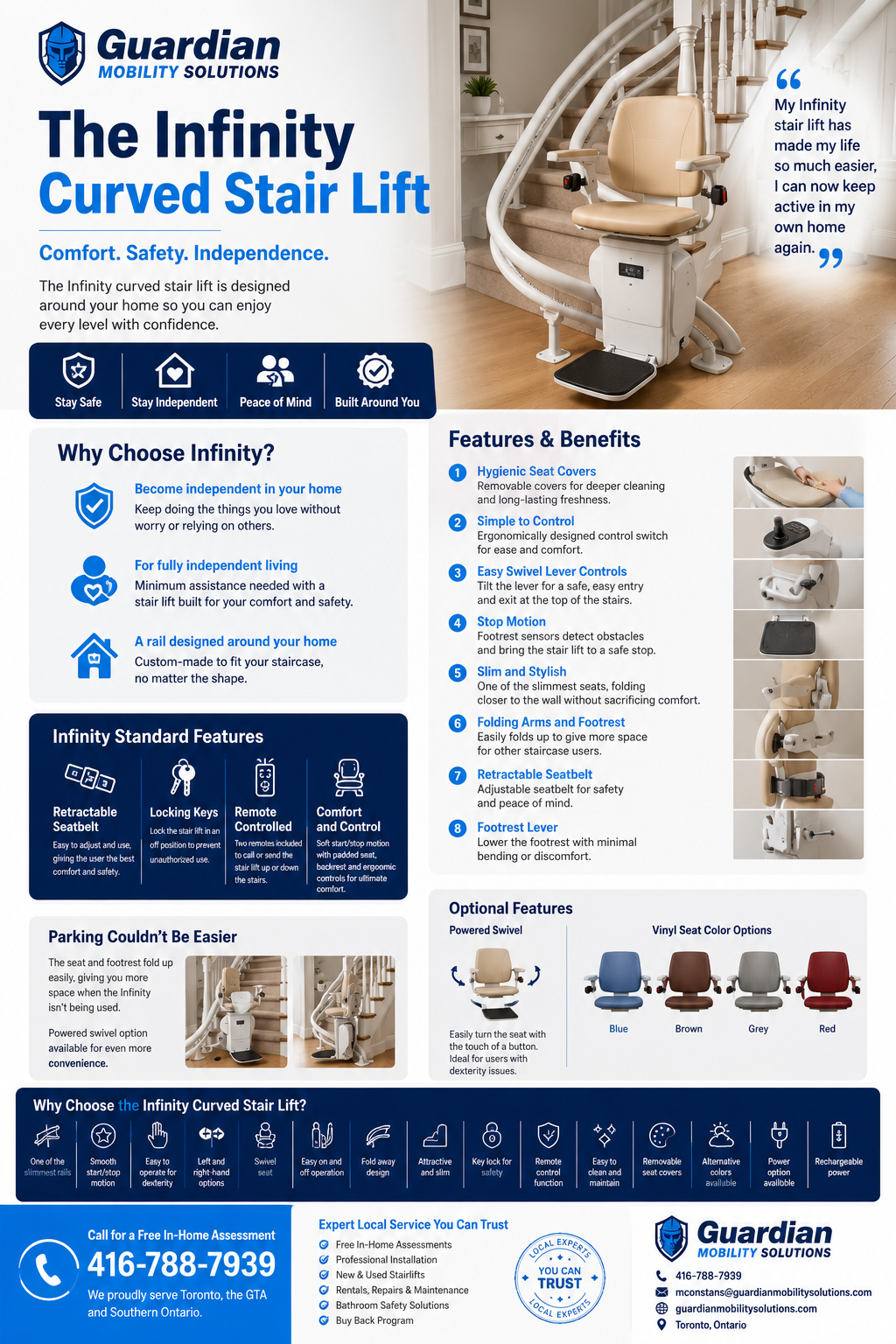 Infinity Curved Stair Lift - Custom-designed for your staircase with features like retractable seatbelt, remote control, swivel seat, and folding design